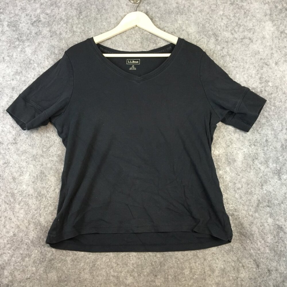 LL Bean Top 1X Short Sleeve V Neck T Shirt Solid Black Jersey Knit Casual Cotton
